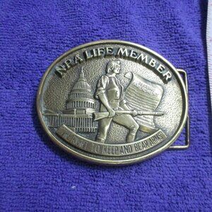 Vintage NRA Life Member "Right To Keep/Bear Arms" Brass Belt Buckle.